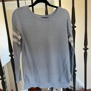 American Eagle baby blue sweater with striped sleeves